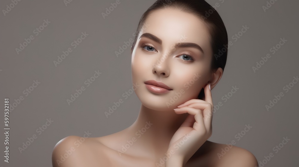 Portrait of woman, skincare and beauty cosmetics for shine, wellness or healthy glow on studio background. Happy model touching face after facial laser aesthetics, chemical peel and clean dermatology. Portrait of woman, skincare and beauty cosmetics for shine, wellness or healthy glow on studio background. Happy model touching face after facial laser aesthetics, chemical peel and clean dermatology.