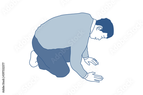 手をついて謝るアジア人男性の全身イラスト