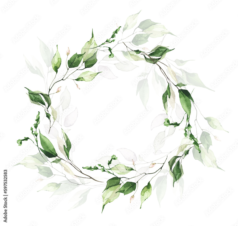 Delicate greenery round frame template watercolor painted. Wreath with branches, green leaves. Wedding ready design. Delicate greenery round frame template watercolor painted. Wreath with branches, green leaves. Wedding ready design.