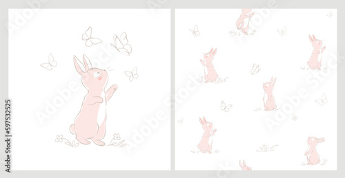 Seamless pattern with the sweet little bunny playing with butterflyes vector for print design and other uses.. Can be used for t-shirt print, kids wear fashion design, baby shower invitation card