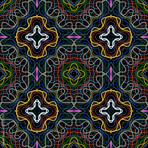 Colorful bright pattern of lines. Composition in the form of an oriental arbitrary multi-colored seamless pattern on a black background. Vector illustration, EPS 10.For wallpapers, tiles, print design