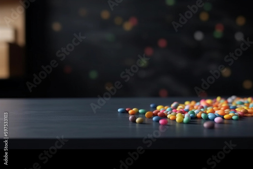 Colorful lights and dots with blurred background with empty wooden table with free space for product display and mockup, copy space, small depth of field, ai generated – human enhanced