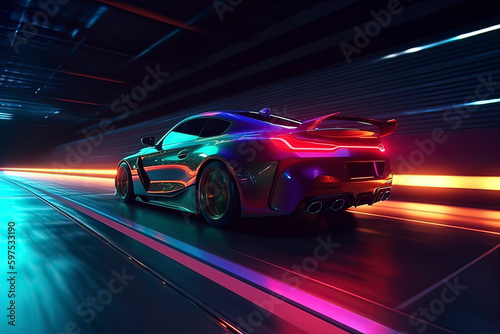 A high-speed sports car driving at night. AI technology generated image © onlyyouqj