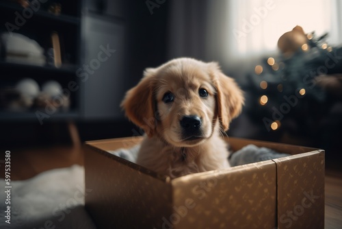 A happy golden retriever dog puppy sitting in a gift box in a living room