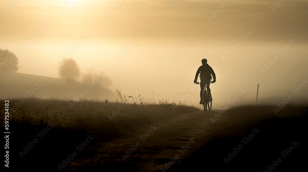 Radfahrer / Mountainbiker im Morgenlicht / Abendlicht, Stimmungsvoll, warmes Sonnenlicht, KI generiert