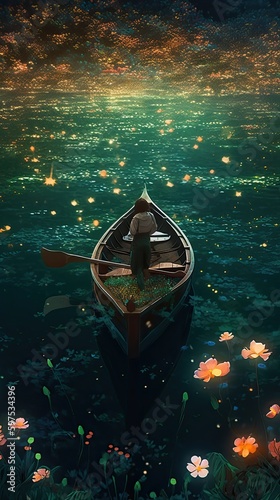 boat floating in the sea with beautifull butteryfly Generative AI  © optimalgraphic