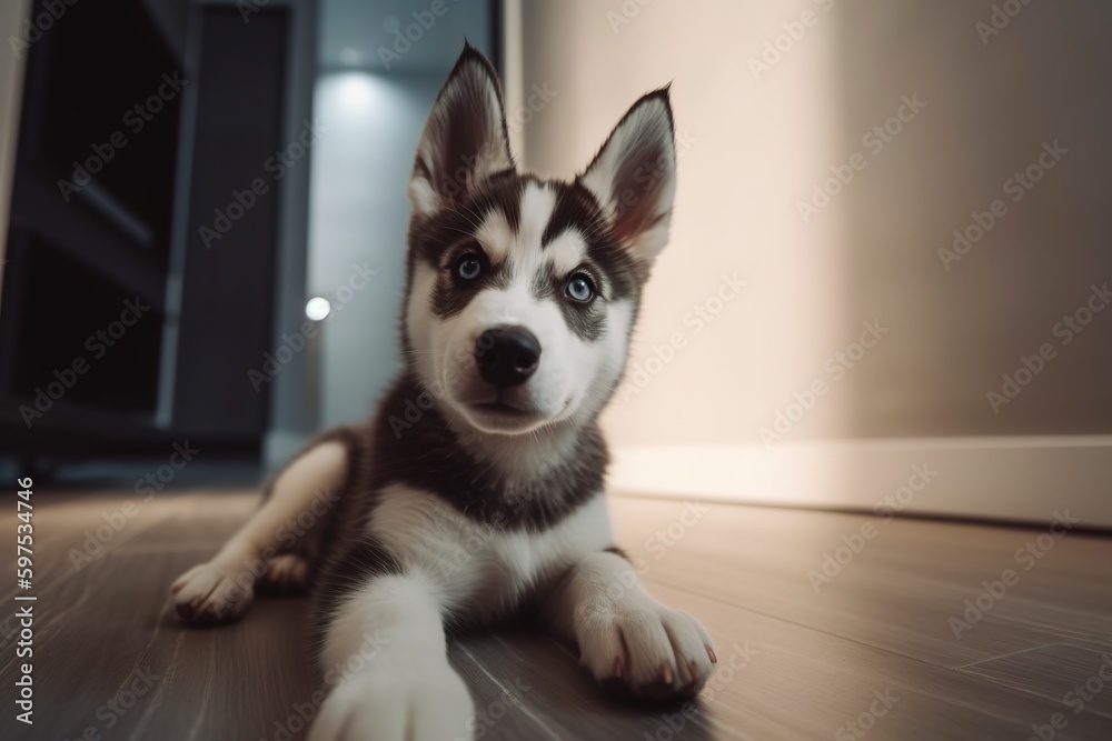 A happy Husky dog puppy sitting in the entrance of a new bright home - animal adoption concept
