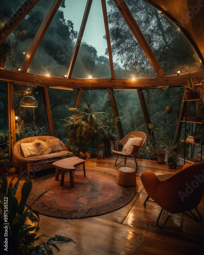 Small cosy hobbit like house made out of wood and glas. in th eforest with fine furniture, chairs and lights. photo