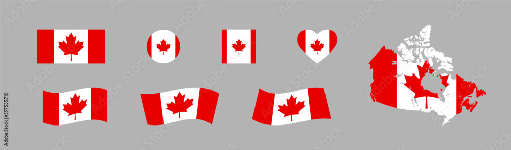 Canada flag set and map. North America country. World geography illustration. Vector isolated icon Canada flag set and map. North America country. World geography illustration. Vector isolated icon