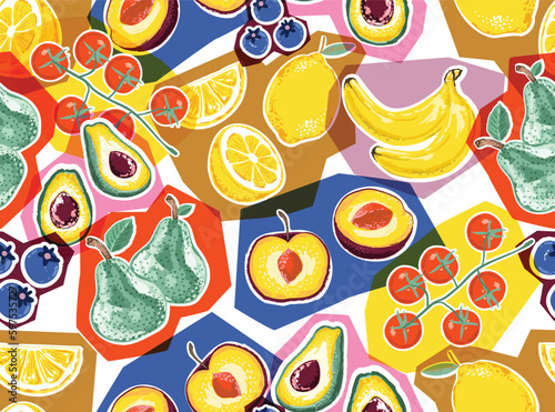 Trendy cute garden Picnic with summer Fruits Illustration , Vacation Holiday seamless pattern