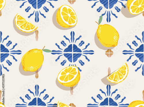Trendy cute garden Picnic with Lemon fruit on Tile Illustration , Vacation Holiday seamless pattern
