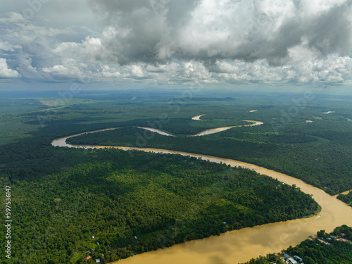 Aerial drone of Kinabatangan river among the rainforest and jungle. Borneo, Malaysia. photo