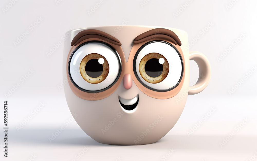 Obraz premium Illustration of a cartoon mug with emotion. A cozy coffee cup character with a warm smile, perfect for those comforting and snug moments.
