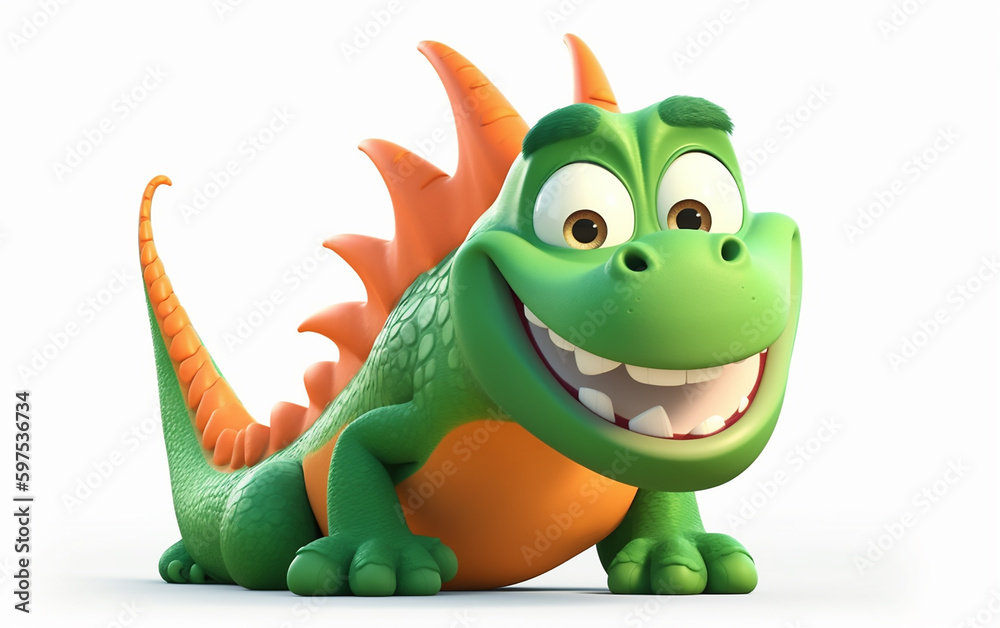  Illustration of a cartoon bdragon with an emotion. A friendly green dragon with a mischievous smile, inviting adventure with its playful demeanor.