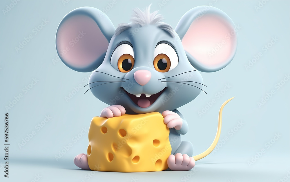 Illustration of a cartoon mouse with emotion.A cartoon mouse hugging a block of cheese, its cheerful smile evoking the pleasure of a good snack.