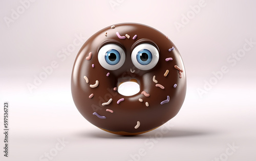 Illustration of cartoon donuts with emotion. A chocolate donut character sprinkled with fun, its eyes wide with excitement and a playful smile.