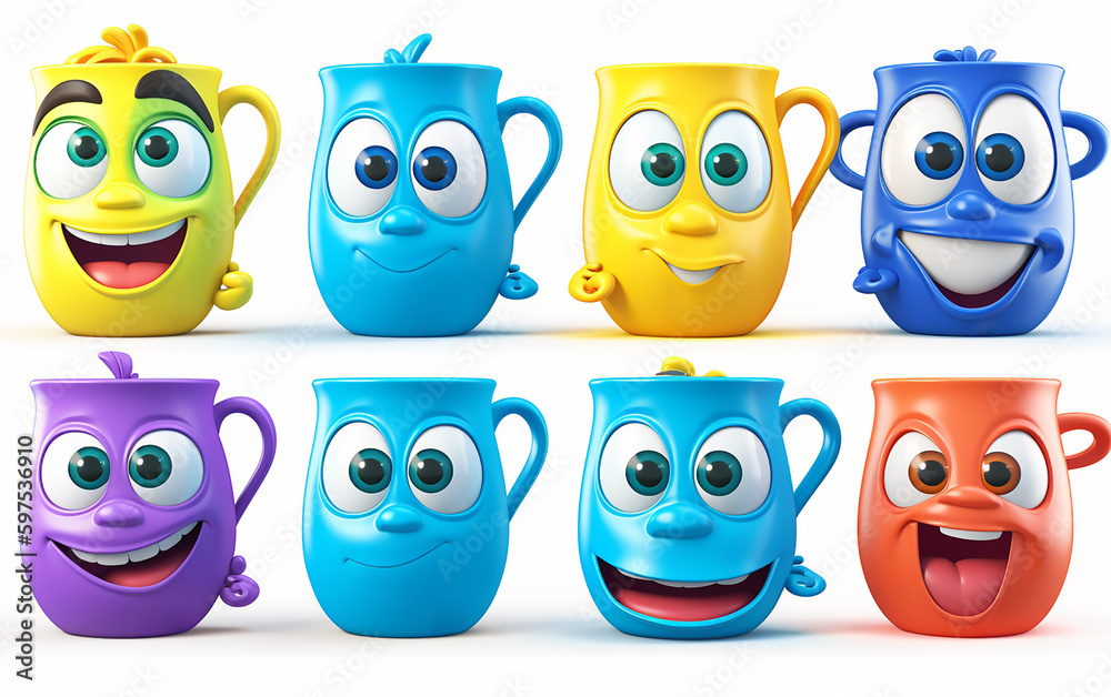 An array of colorful mug characters, each with its own personality, ready to brighten up any kitchenware promotion. An array of colorful mug characters, each with its own personality, ready to brighten up any kitchenware promotion.
