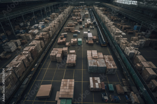 logistics sorting center warehouse with boxes, top view, Generative AI