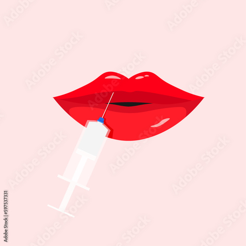 Cosmetic lip injection. Plastic and aesthetic surgery. Aesthetic beautiful full lips. Beauty poster. Vector illustration in trendy flat style isolated.	
