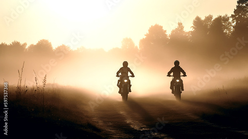 Motorrad in stimmungsvoller Abendstimmung / Morgenstimmung. Warmes Licht, KI generiert