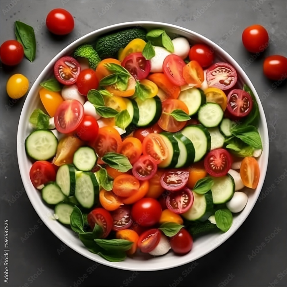Generative AI top down image summer spring salad with tomatoes cucumbers and other vegetables Generative AI top down image summer spring salad with tomatoes cucumbers and other vegetables