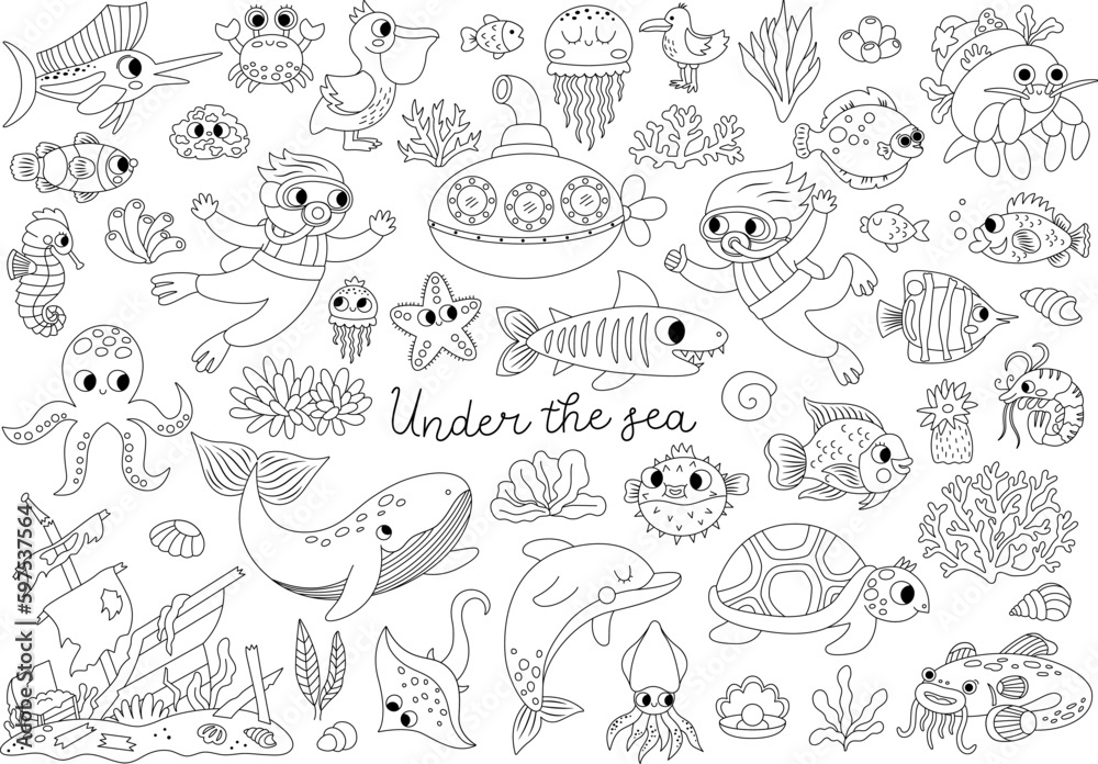Vector black and white under the sea set. Ocean line collection with seaweeds, fish, divers, submarine. Cartoon water animals and weeds. Wreaked ship, dolphin, whale, tortoise coloring page.