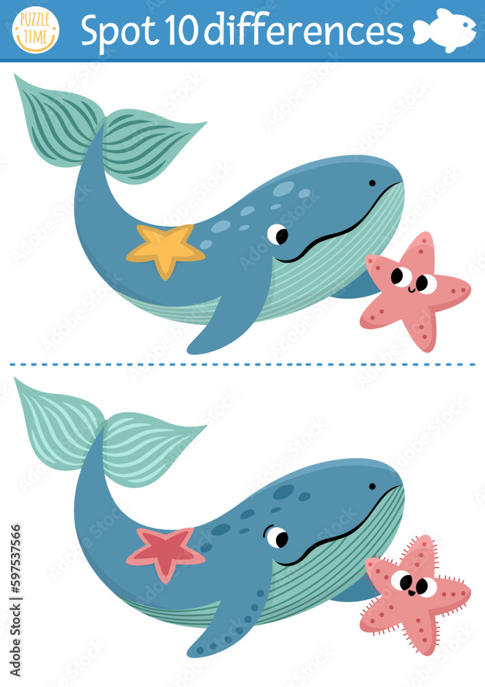 Fototapeta premium Find differences game for children. Under the sea educational activity with cute whale, starfish. Ocean life puzzle for kids with water animal character. Underwater printable worksheet or page.