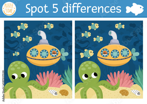 Find differences game for children. Under the sea educational activity with cute scene, submarine, octopus. Ocean life puzzle for kids with water animal. Underwater printable worksheet.
