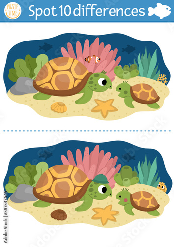 Find differences game for children. Under the sea educational activity with cute mother and baby turtle. Ocean life puzzle for kids with water animal character. Underwater printable worksheet or page.