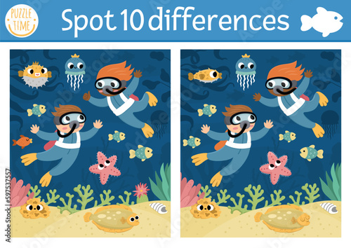 Find differences game for children. Under the sea educational activity with scene with divers, starfish. Ocean life puzzle for kids with water animal character. Underwater printable worksheet or page.