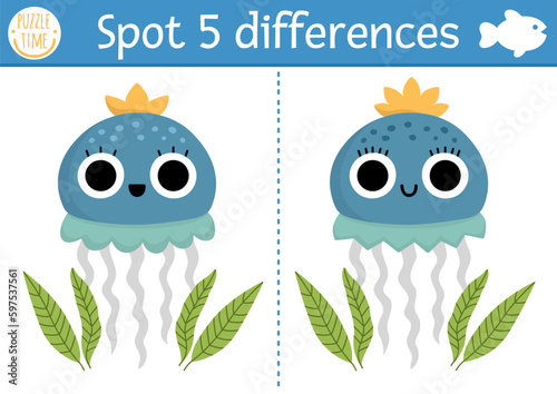 Find differences game for children. Under the sea educational activity with cute jellyfish. Ocean life puzzle for kids with water animal character. Underwater printable worksheet or page.
