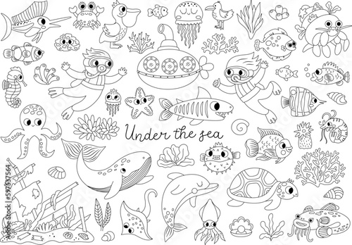Vector black and white under the sea set. Ocean line collection with seaweeds  fish  divers  submarine. Cartoon water animals and weeds. Wreaked ship  dolphin  whale  tortoise coloring page.