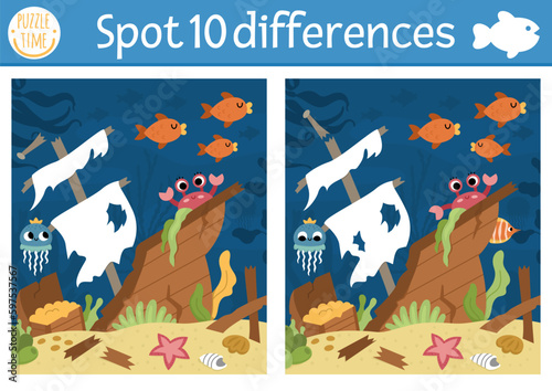 Find differences game for children. Under the sea educational activity with wrecked ship scene. Ocean life puzzle for kids with water animal character. Underwater printable worksheet or page.