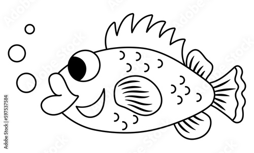 Vector black and white grouper or perch icon. Under the sea line illustration with cute funny seabass. Ocean animal clipart. Cartoon underwater or marine clip art or coloring page. Redfish picture.
