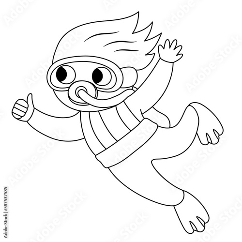 Vector black and white diver icon. Under the sea line illustration with cute funny frogman. Ocean girl clipart with swimming kid. Cartoon underwater or marine coloring page for children.