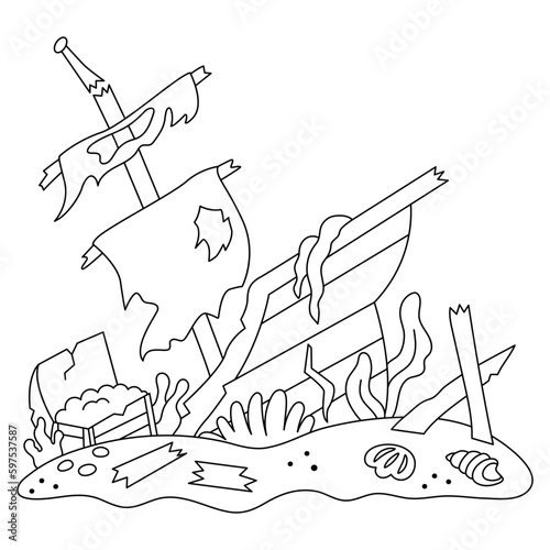 Vector black and white wrecked ship icon. Sunken sea vessel line illustration. Ruined pirate boat with treasure chest on the seabed. Cartoon underwater or marine coloring page for children