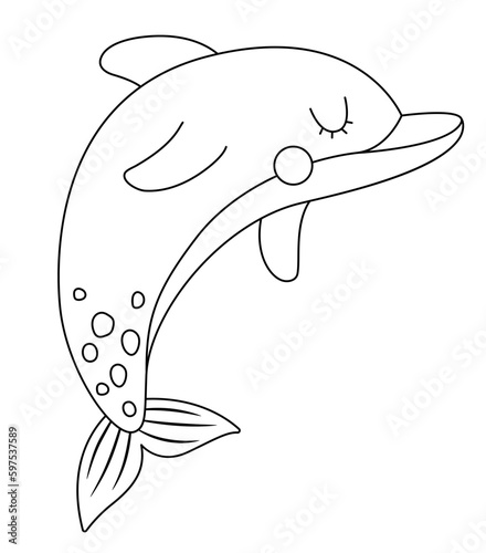 Vector black and white dolphin icon. Under the sea line illustration with cute funny fish. Ocean animal clipart. Cartoon underwater or marine clip art or coloring page for children.