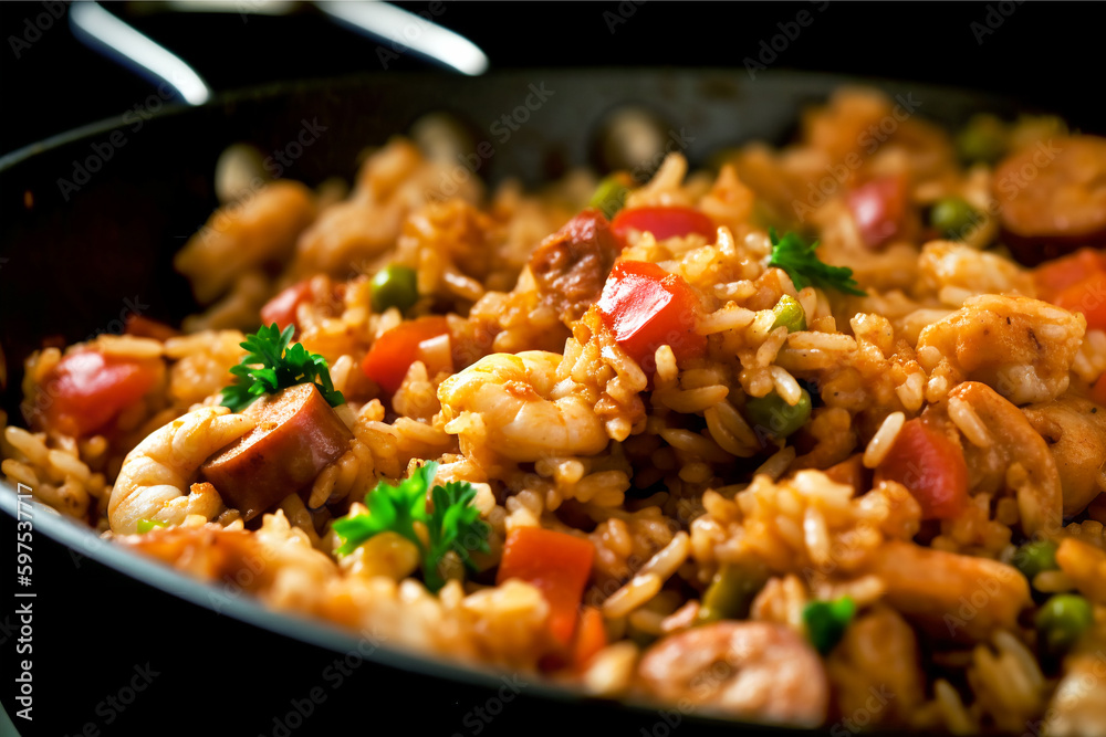 Delicious home cooked jambalaya in a cast iron skillet. Traditional specialty of Louisiana and other Southerns states . Delicious home cooked jambalaya in a cast iron skillet. Traditional specialty of Louisiana and other Southerns states .