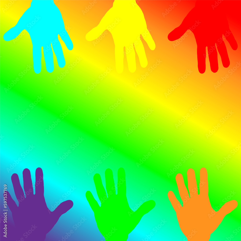 Colored hands on a rainbow background. Happy LGBTQ+ Pride Month. Vector illustration Colored hands on a rainbow background. Happy LGBTQ+ Pride Month. Vector illustration