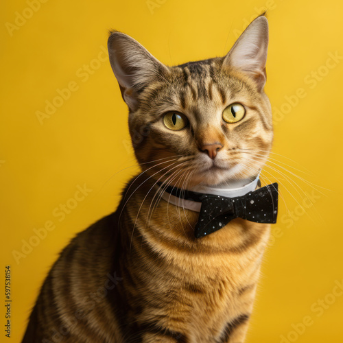 Feline Fashionista: A Tubby Cat in a Black Bow Tie Against a Vibrant Yellow Backdrop - Generative AI © Gejsi