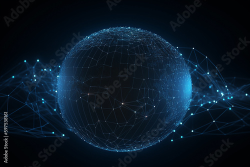 Big data network on wireframe globe. Global connectivity and internet telecommunication technology. Generative Ai.