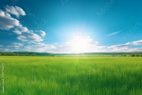 Beautiful Panoramic Natural Landscape of a Green Field with Grass Against a Blue Sky with Sun. AI Generated.