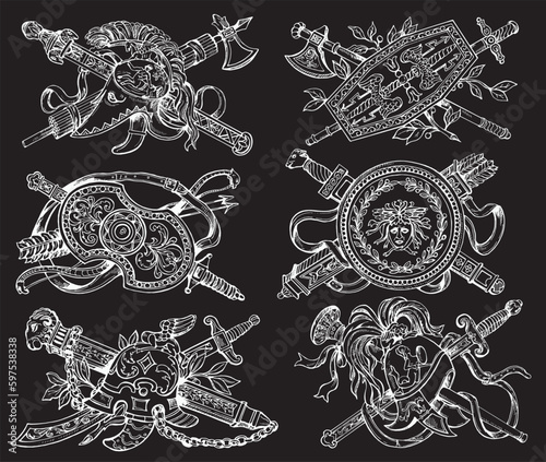 Set of hand drawn sketch style coat of arms isolated on black background. Vector illustration.