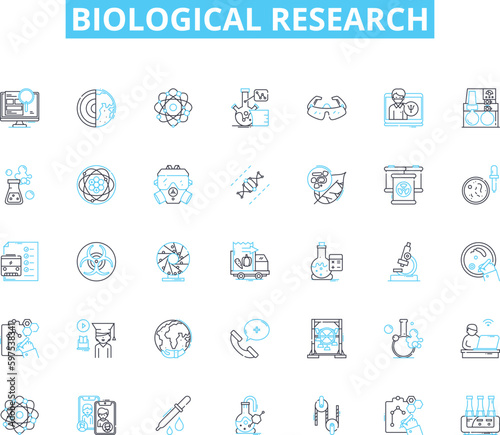 Biological research linear icons set. Genetics, Microbiology, Virology, Botany, Immunology, Ecology, Zoology line vector and concept signs. Entomology,Histology,Cytology outline Generative AI