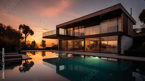 Modern house with a pool at sunset © Pixel Pilot