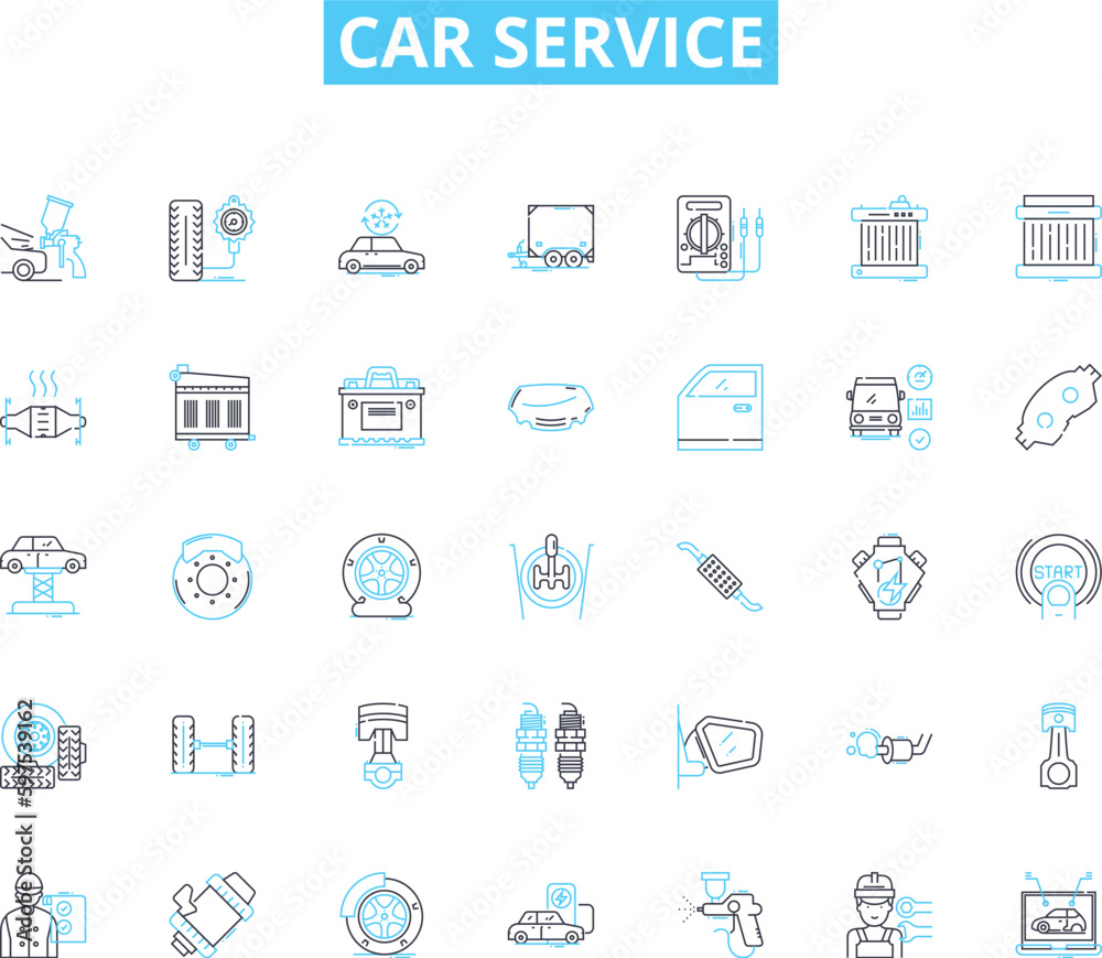 Car Service linear icons set. Maintenance, Repairs, Tune-ups, Diagnostics, Oil changes, Brakes, Suspension line vector and concept signs. Transmission,Engine,Air conditioning outline Generative AI