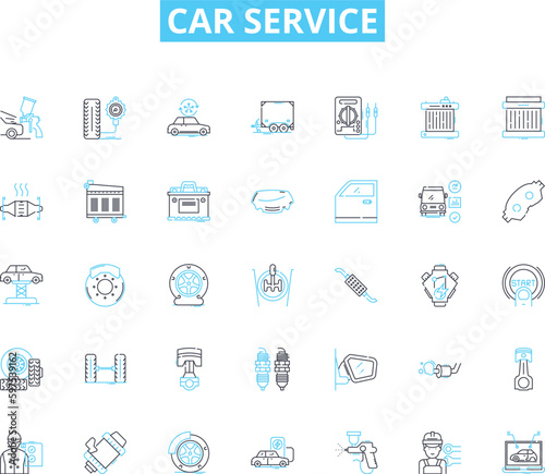 Car Service linear icons set. Maintenance, Repairs, Tune-ups, Diagnostics, Oil changes, Brakes, Suspension line vector and concept signs. Transmission,Engine,Air conditioning outline Generative AI