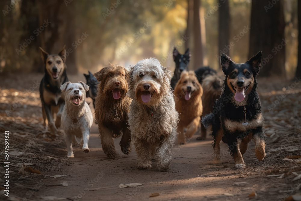 Obraz premium Happy Pack of Dogs in a Scenic Natural Setting