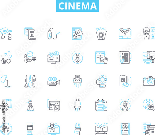 Cinema linear icons set. Film, Action, Drama, Comedy, Romance, Thriller, Horror line vector and concept signs. Adventure,Sci-fi,Fantasy outline illustrations Generative AI photo