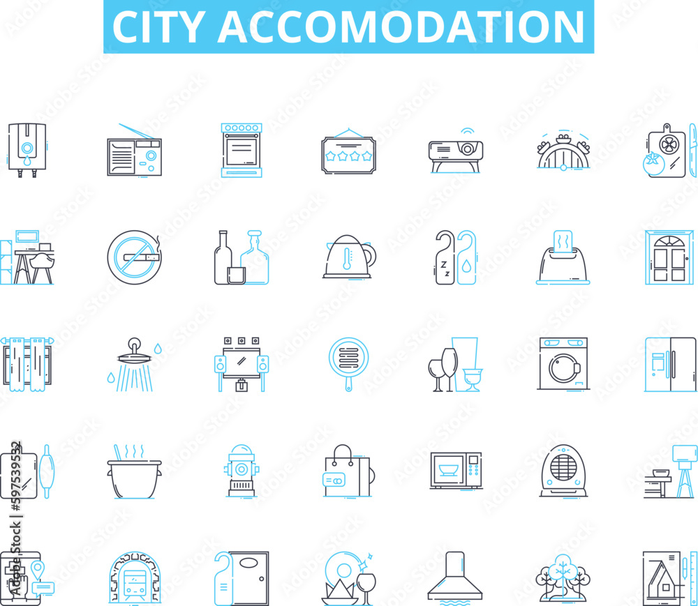 City accomodation linear icons set. Cosy, Centrality, Comfort, Ambiance, Convenience, Spacious, Accessibility line vector and concept signs. Luxury,Modern,Stylish outline illustrations Generative AI City accomodation linear icons set. Cosy, Centrality, Comfort, Ambiance, Convenience, Spacious, Accessibility line vector and concept signs. Luxury,Modern,Stylish outline illustrations Generative AI